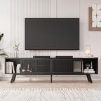 Black Mid Century TV Stand for TVs up to 80" Iron Rattan Entertainment Center with Sliding Door TV Media Console with Adjustable Shelves and 2 Storage Cabinets