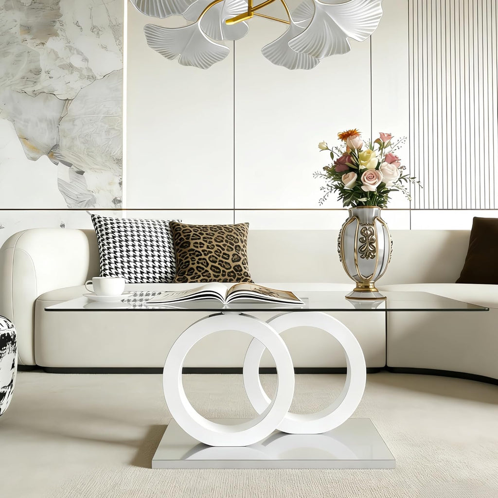 Glass Coffee Table for Living Room, White Modern Rectangular Center Table, 47” Living Room Table with Clear Tempered Glass Top with MDF OO Legs and Silver Metal Base (White, 47.2 inches)