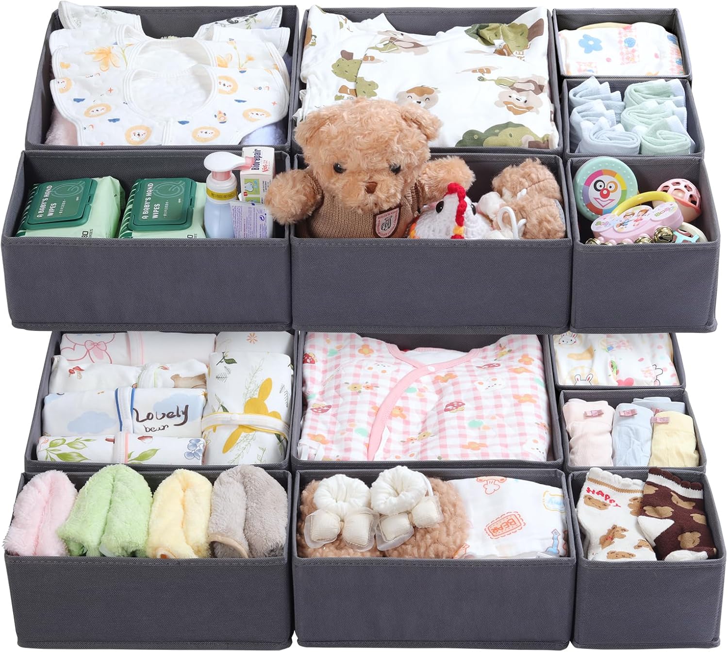 14 Pack Drawer Organizer for Clothes Dresser Organizer for Nursery-Perfect Baby Cloth Organizer and Storage General Nursery Organization or Dresser Drawer Organizer Bins Foldable Washable Grey