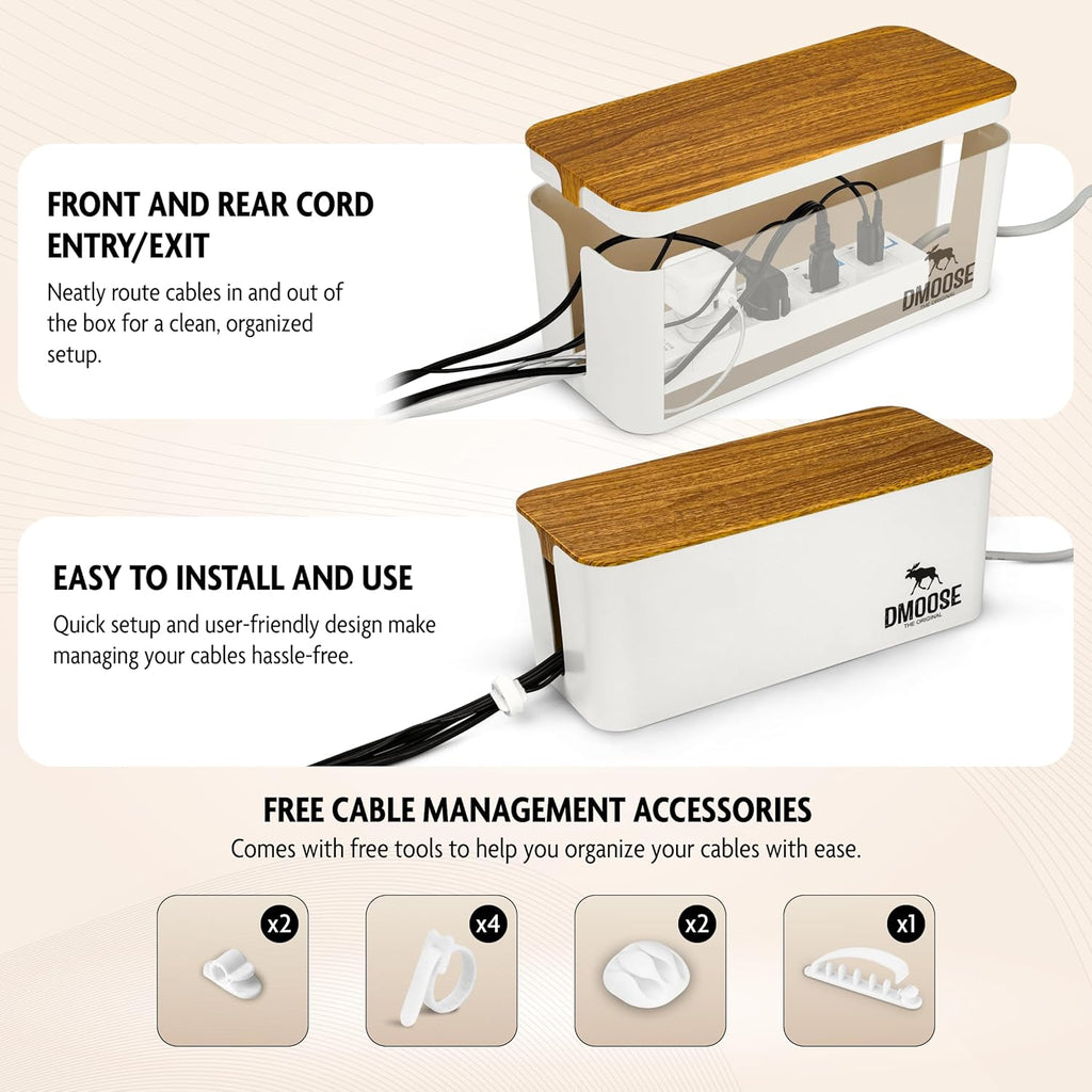DMoose Cable Management Box - 2 Pack Medium & Large Cord Organizer for Desk & Floor, Cable Organizer Box for Child & Pet - Cable Box Hider for Tidy Office & Home (Wood Print Lid, White Box, Pack of 2)
