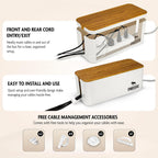 DMoose Cable Management Box - 2 Pack Medium & Large Cord Organizer for Desk & Floor, Cable Organizer Box for Child & Pet - Cable Box Hider for Tidy Office & Home (Wood Print Lid, White Box, Pack of 2)