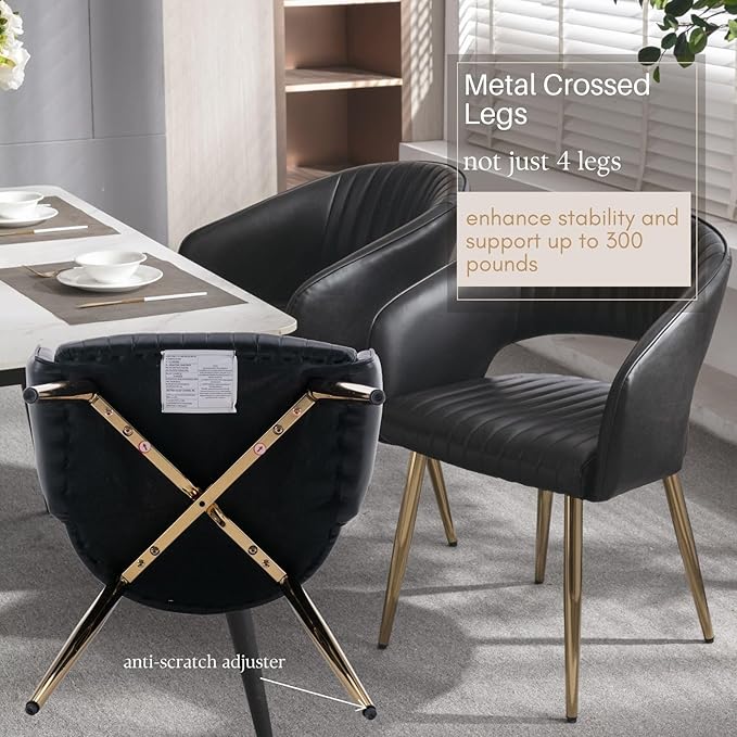Faux Leather Dining Chairs Gold Legs, Modern Black PU Leather Dining Room Chairs with Arms Set of 6 Upholstered Accent Chair Armchair with Barrel Back for Kitchen Living Room