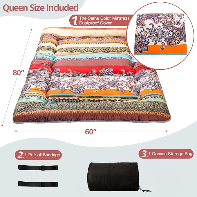 MAXYOYO Japanese Floor Mattress Futon Mattress, 4" Thicken Tatami Mat Sleeping Pad Foldable Roll Up Mat Boys Girls Dormitory Pad Kids Floor Lounger Pillow Bed, Charcoal Grey, Queen Size