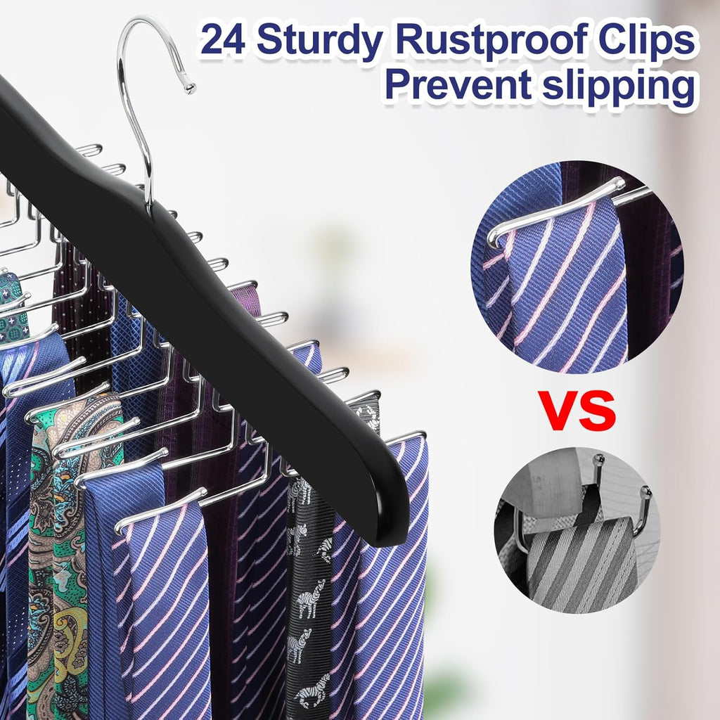 TOPIA HANGER Tie Rack Hanger for Closet, Wooden Tie Organizer for Men with 24 Folding Hooks, Space Saving Necktie Holder for Storage and Display Bra, Tank Top, Camisole (1-Pack), Black- CT14B