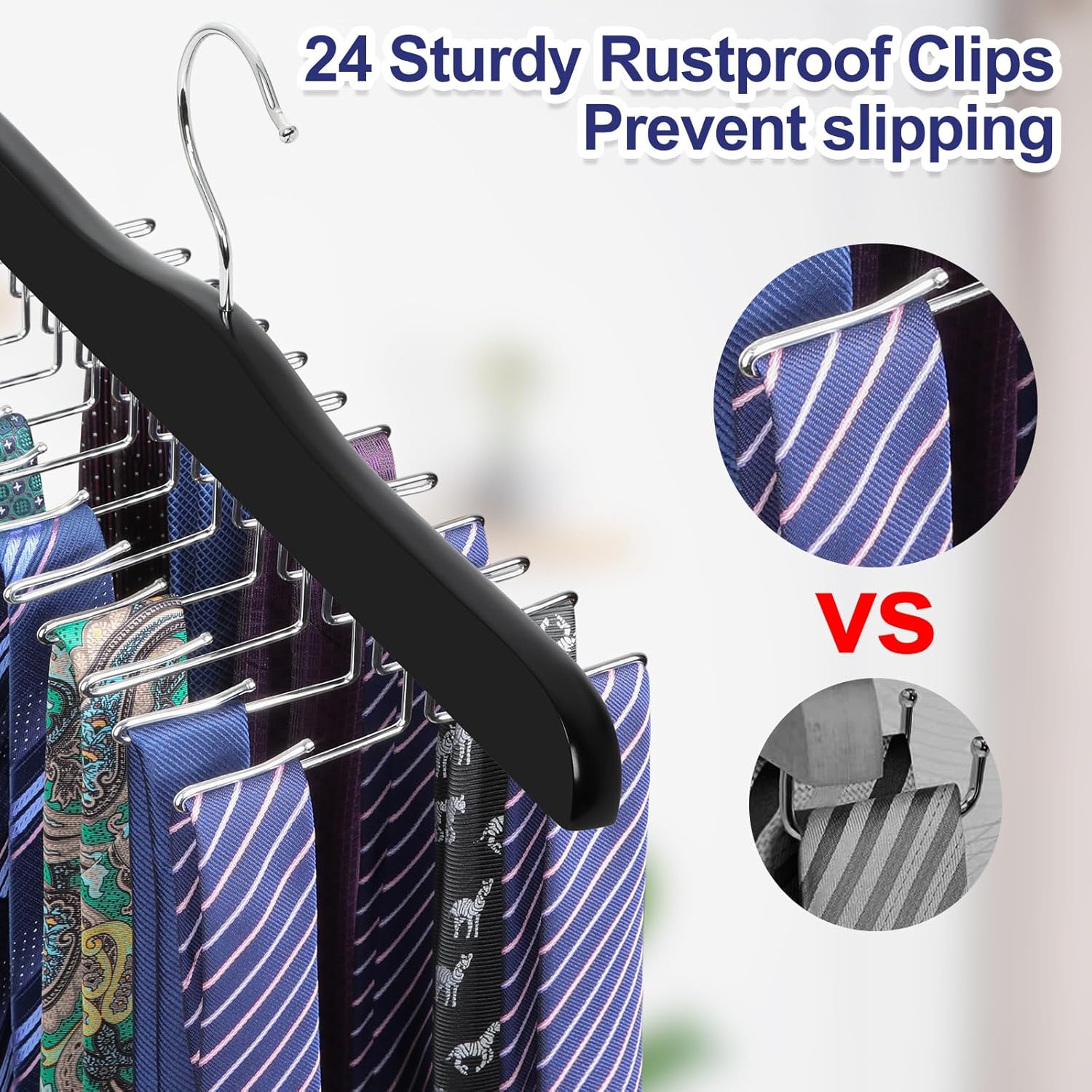 TOPIA HANGER Tie Rack Hanger for Closet, Wooden Tie Organizer for Men with 24 Folding Hooks, Space Saving Necktie Holder for Storage and Display Bra, Tank Top, Camisole (1-Pack), Black- CT14B