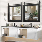Hasipu Farmhouse Bathroom Mirror, 31"x31" Rustic Wood Framed Wall Mounted Mirror, Black Vintage Vanity Mirror Barn Door Style Decrative Mirrors