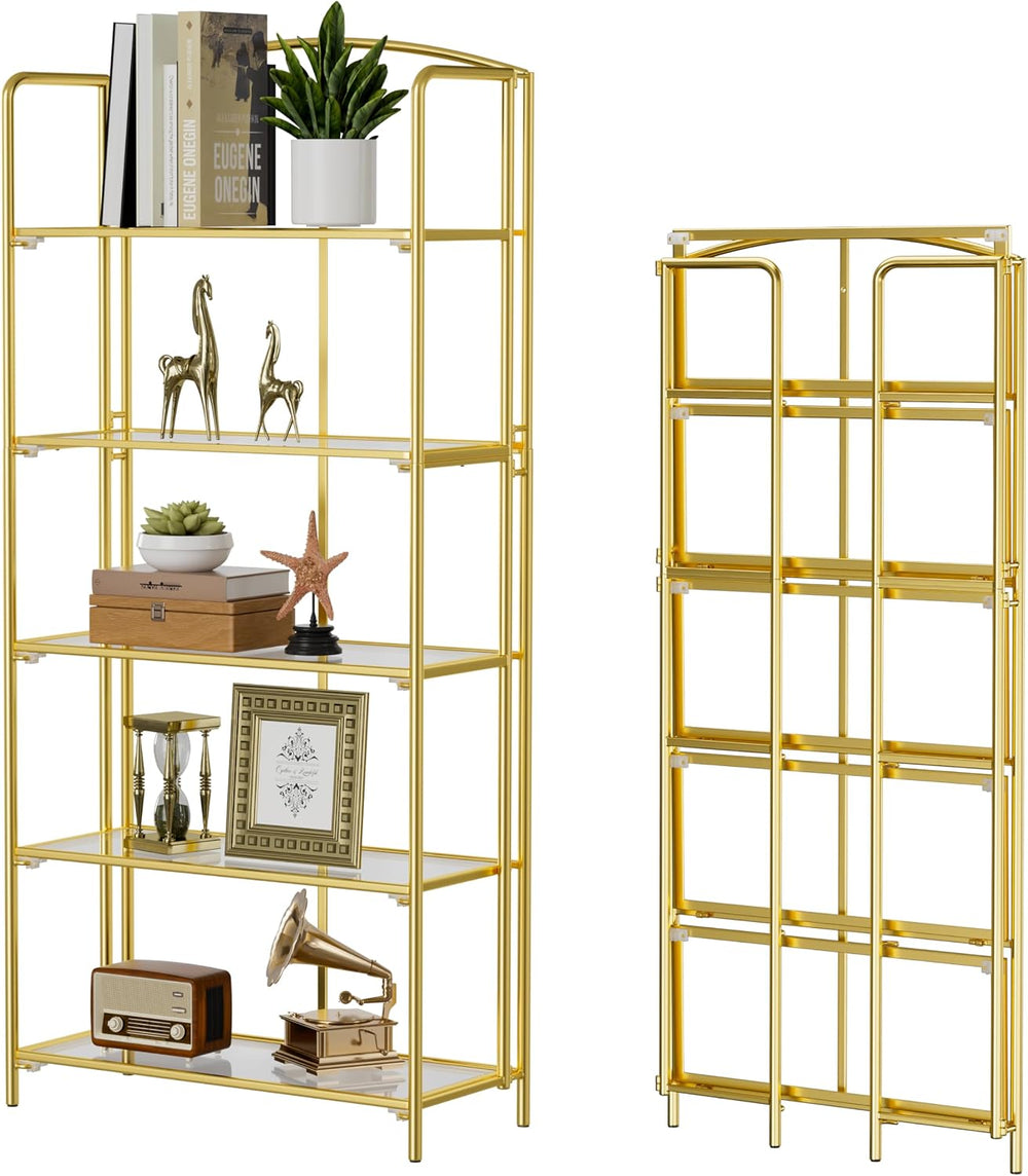 Crofy 5-Tier Wider Foldable Bookshelf, Gold Frame & Transparent Shelves