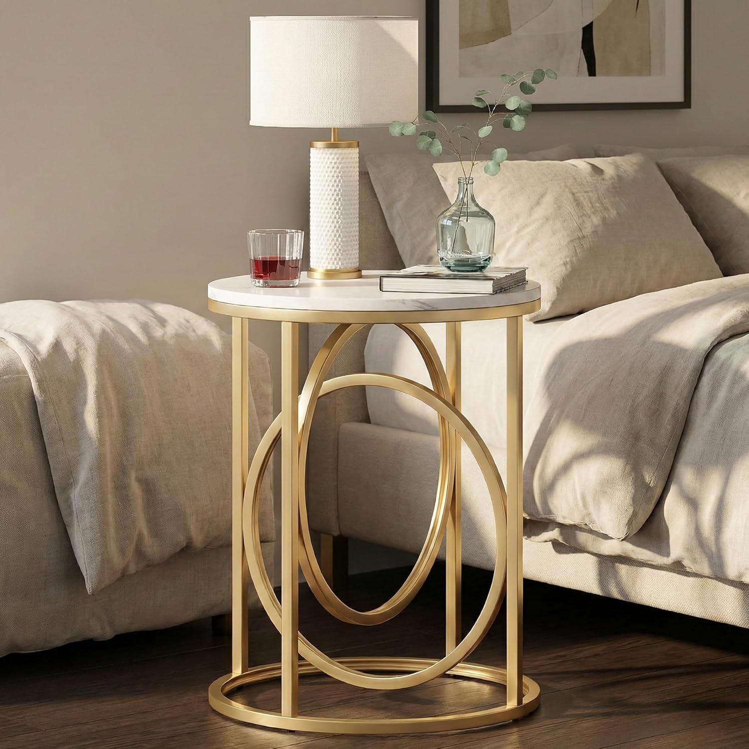LITTLE TREE 20” Round End Table，Modern Sofa Side Table with Gold O-Shaped Base, Faux Marble White Cocktail Table Accent Table Nightstand for Living Room Bedroom, 2PCS
