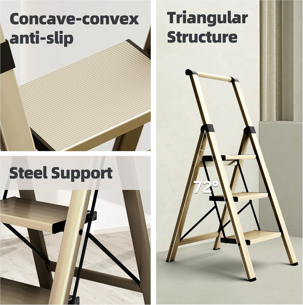 HillhutApex Aluminum 3 Step Ladder, Step Stool Foldable Ladder(Gold)