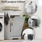 13 Gallons Tilt Out Trash Can Cabinet, Wooden Fluted Trash Garbage Can Cabinet with Drawers, Hidden Laundry Hamper with Hooks for Kitchen Living Room, White