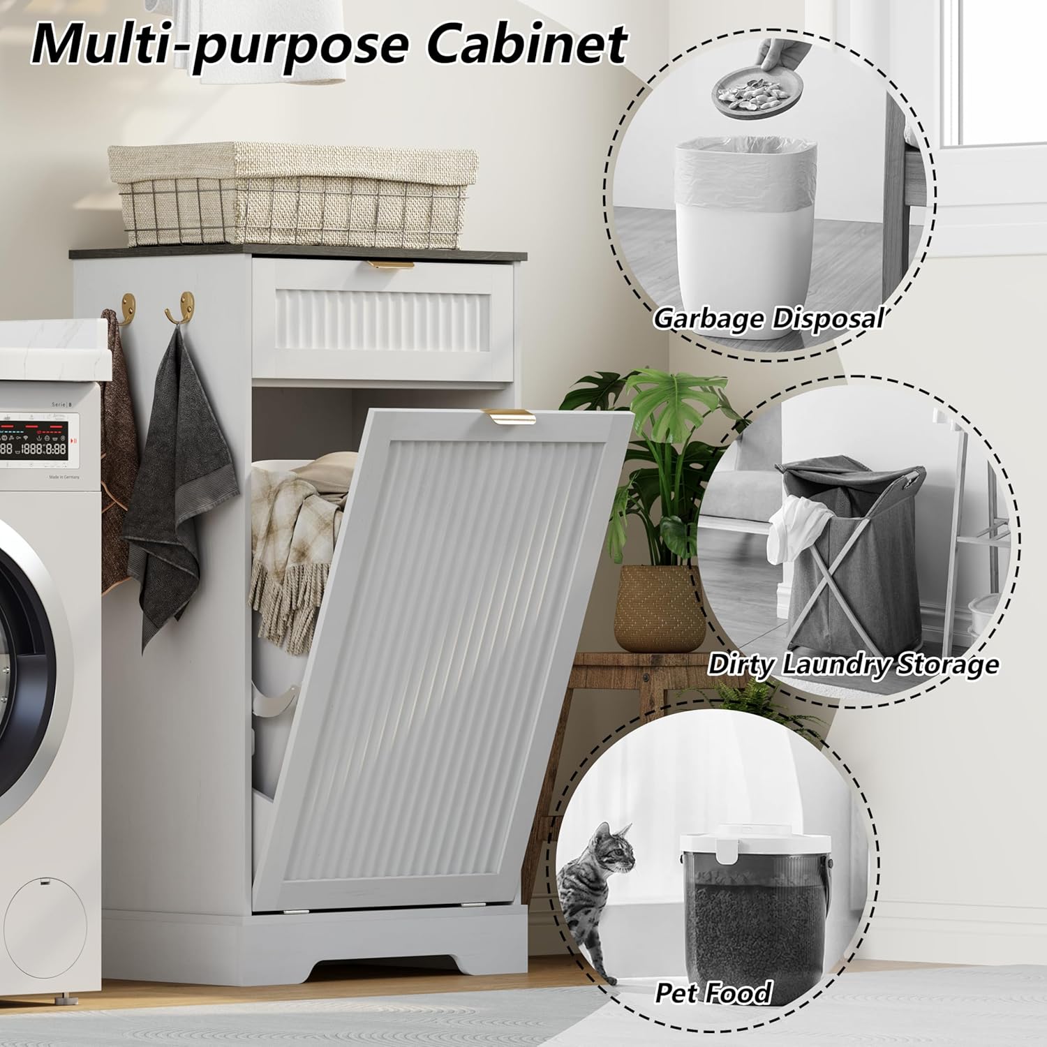 13 Gallons Tilt Out Trash Can Cabinet, Wooden Fluted Trash Garbage Can Cabinet with Drawers, Hidden Laundry Hamper with Hooks for Kitchen Living Room, White