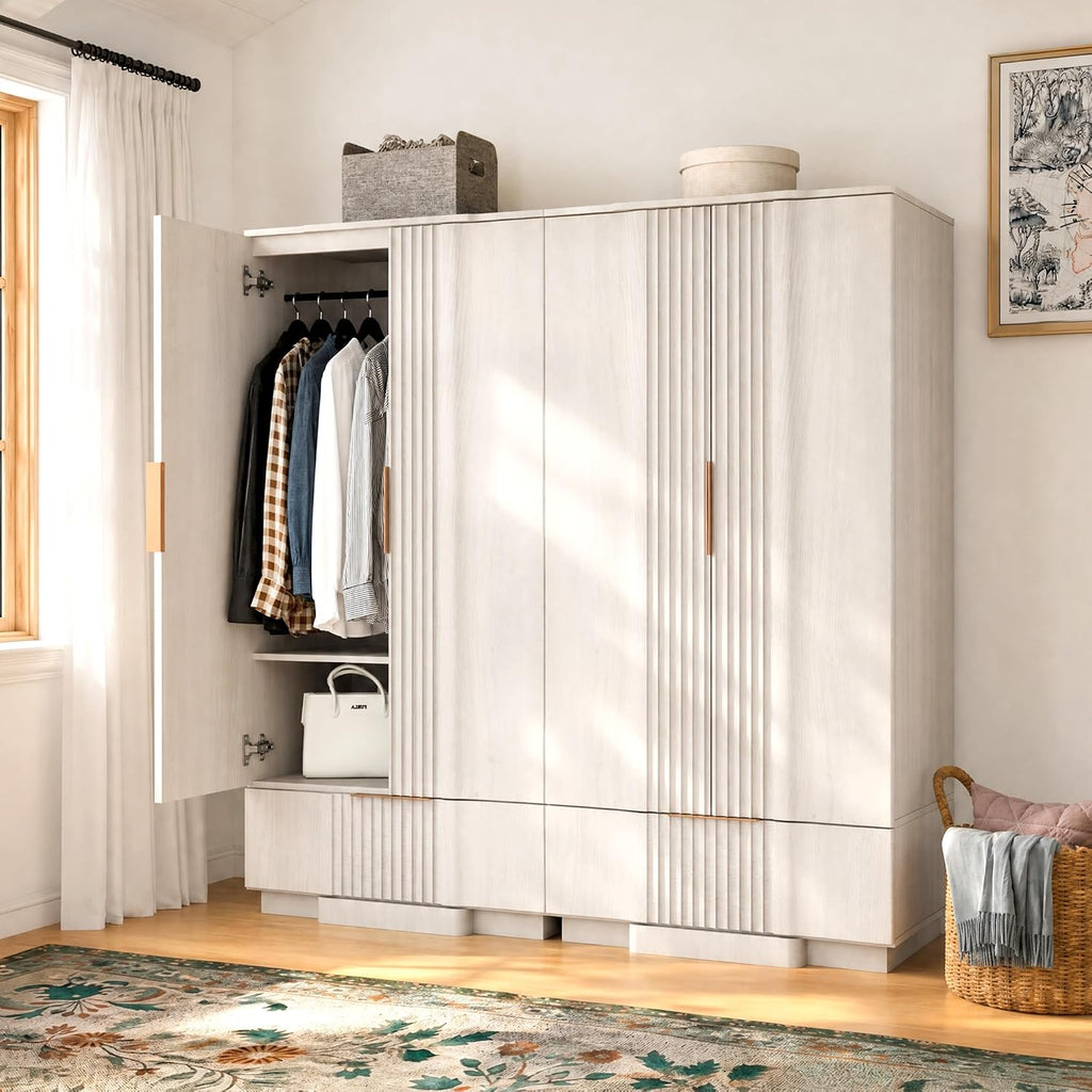 Yechen 67" Fluted Armoire Wardrobe Closet with Doors and Drawer | Wooden Wardrobe Cabinet with Adjustable Shelve, Modern Small Armoires for Hanging Clothes Coats for Bedroom, White Grey