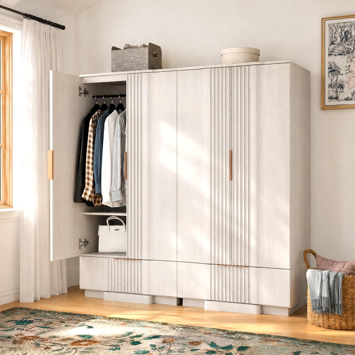 Yechen 67" Fluted Armoire Wardrobe Closet with Doors and Drawer | Wooden Wardrobe Cabinet with Adjustable Shelve, Modern Small Armoires for Hanging Clothes Coats for Bedroom, White Grey