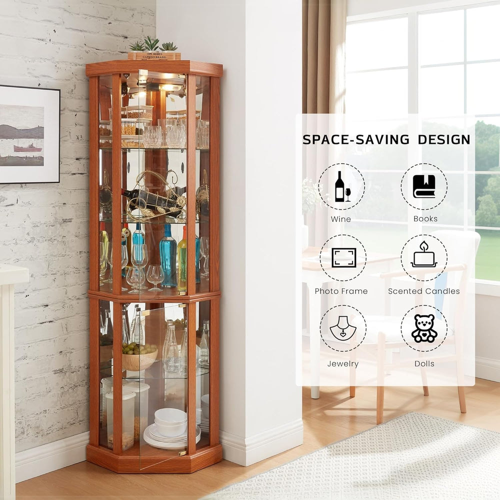 70" H Lighted Corner Curio Cabinet, Glass Display Cage with Tempered Gla...