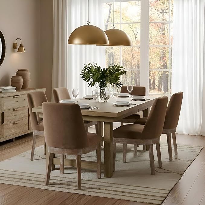 Modern Dining Chairs Set of 6 Comfortable Dining Room Chairs with Back, Velvet Fabric Upholstered Kitchen Side Chairs with Wood Legs for Living Room, Khaki