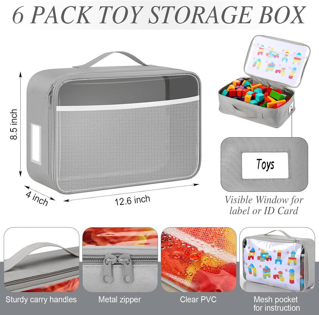 Abbylike 6 Pack Toy Storage Bag Bricks Building Set Car Toy Organization Bags for Traveling Carrying Case, Storage Organizer Puzzles(Gray)