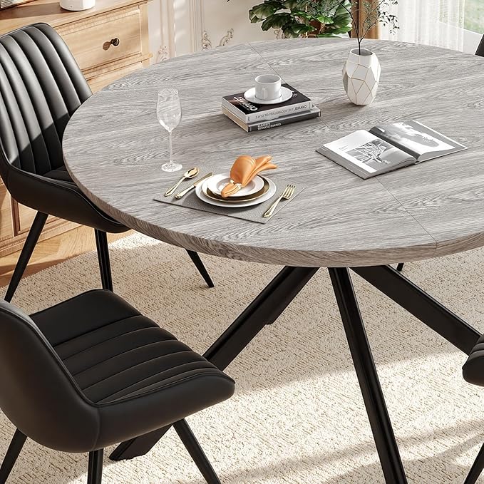 47.2" 5-Piece Round Dining Table Set for 4, Modern Wood Dining Table with 4 Upholstered Chairs, Kitchen & Dining Room Table Set with Metal Base for Apartment, Small Space, Grey Table+4 Balck Chairs