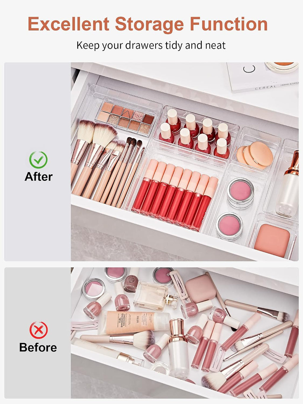 SMARTAKE 13 PCS Drawer Organizer 5-Size Desk Makeup Drawer Organizer Clear | Storage Trays for Makeup with Non Slip Silicone Pads, Jewelries, Utensils in Bedroom Dresser, Office, Kitchen and Bathroom