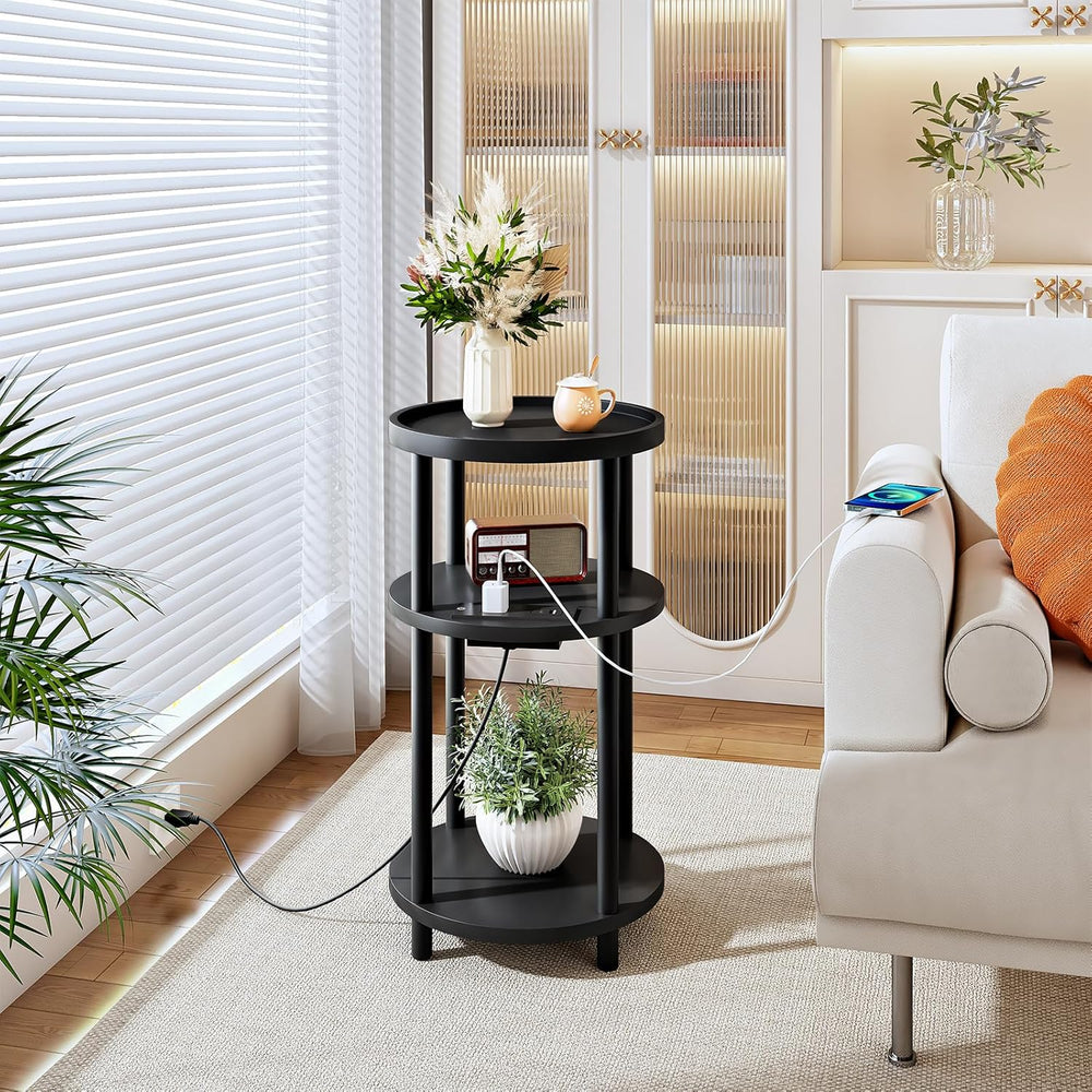 HOOBRO Small Round Side Table with Charging Station, 3-Tier Round Bamboo End ...
