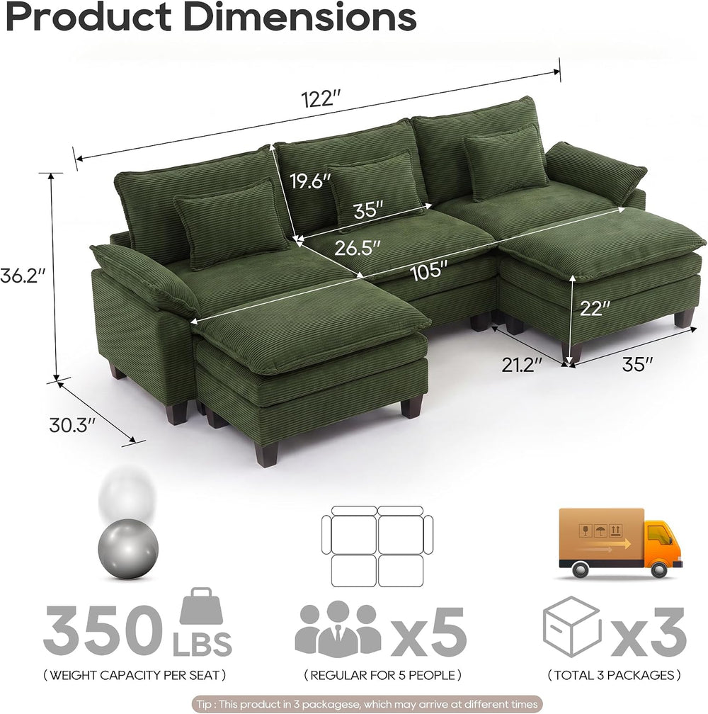 URRED Oversized Modular Sectional Sofa，Solid Green：122" U Shaped | Moder...
