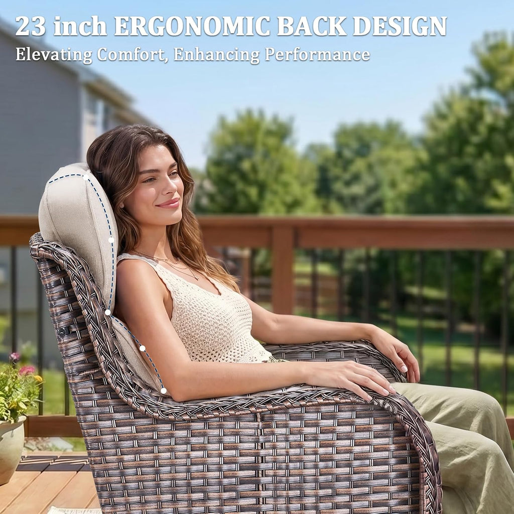 Luxury Swivel Rocker Chairs Fire Pit Table Set with 6" Thick Cushion 4 piece Wicker Outdoor Patio Chair with Sofa,Comfortable High Back Outdoor Patio Furniture Set - Brown | Beige