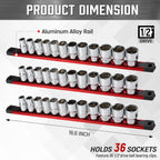 ALOANES 3-Piece Magnetic Socket Organizer, Heavy Duty Aluminum Socket Rails Organizer, 360° Swivel Clips Socket Holder Kit for Tool Box, 1/2-Inch Socket Holder x 36 Clips (Red)