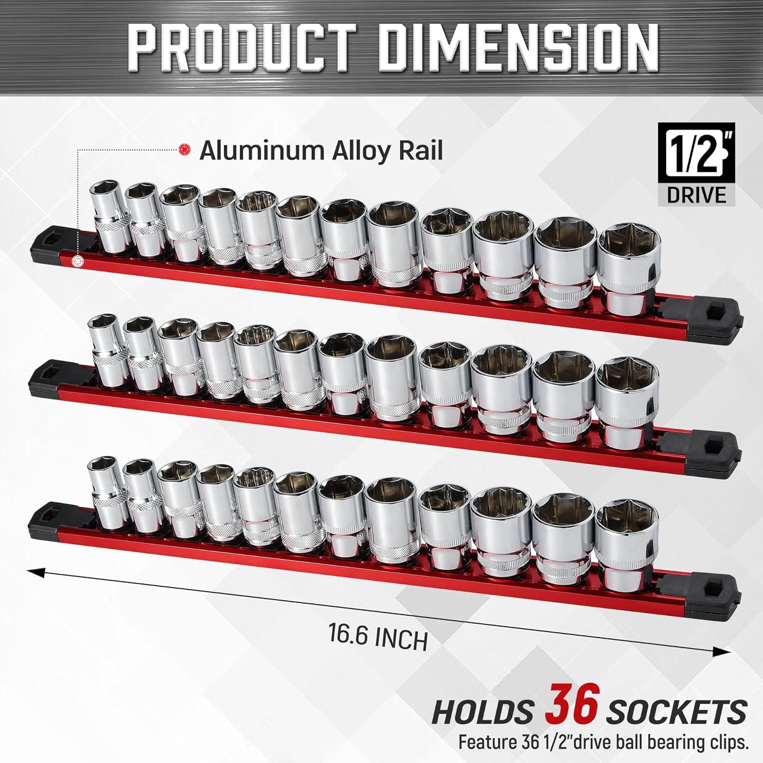 ALOANES 3-Piece Magnetic Socket Organizer, Heavy Duty Aluminum Socket Rails Organizer, 360° Swivel Clips Socket Holder Kit for Tool Box, 1/2-Inch Socket Holder x 36 Clips (Red)