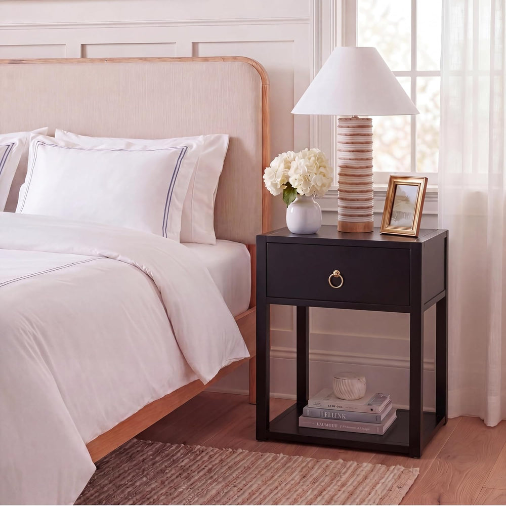 SAFAVIEH Furniture - Sadie 1-Drawer Nightstand - Black - Wood - Glam Gold Har...