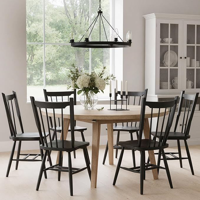 HNY Black Windsor Dining Chairs Set of 4, Farmhouse Wooden Kitchen Chairs with Spindle Back, Mid Century Modern Armless Kitchen Side Chair for Dining Living Room Restaurant