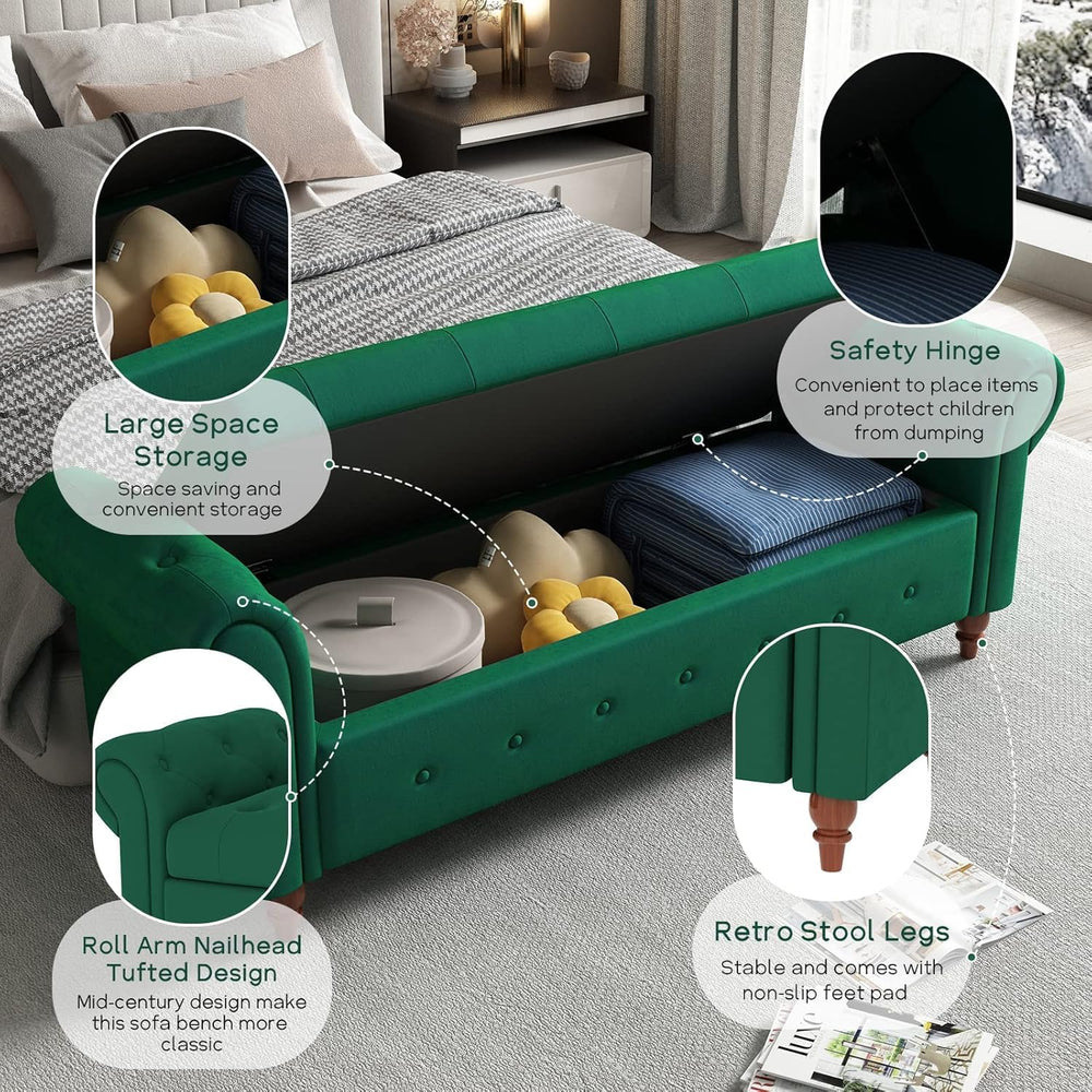 NIOIIKIT 63'' Storage Ottoman Bench Tufted Entryway Bench Dark Green ...