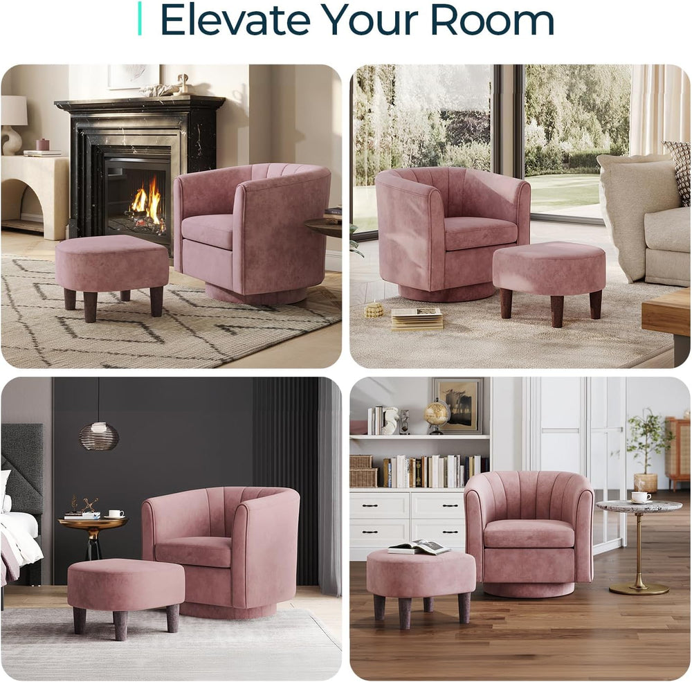 LINSY Swivel Accent Chair Ottoman Set: Velvet Small Barrel Chair with Foot Re...