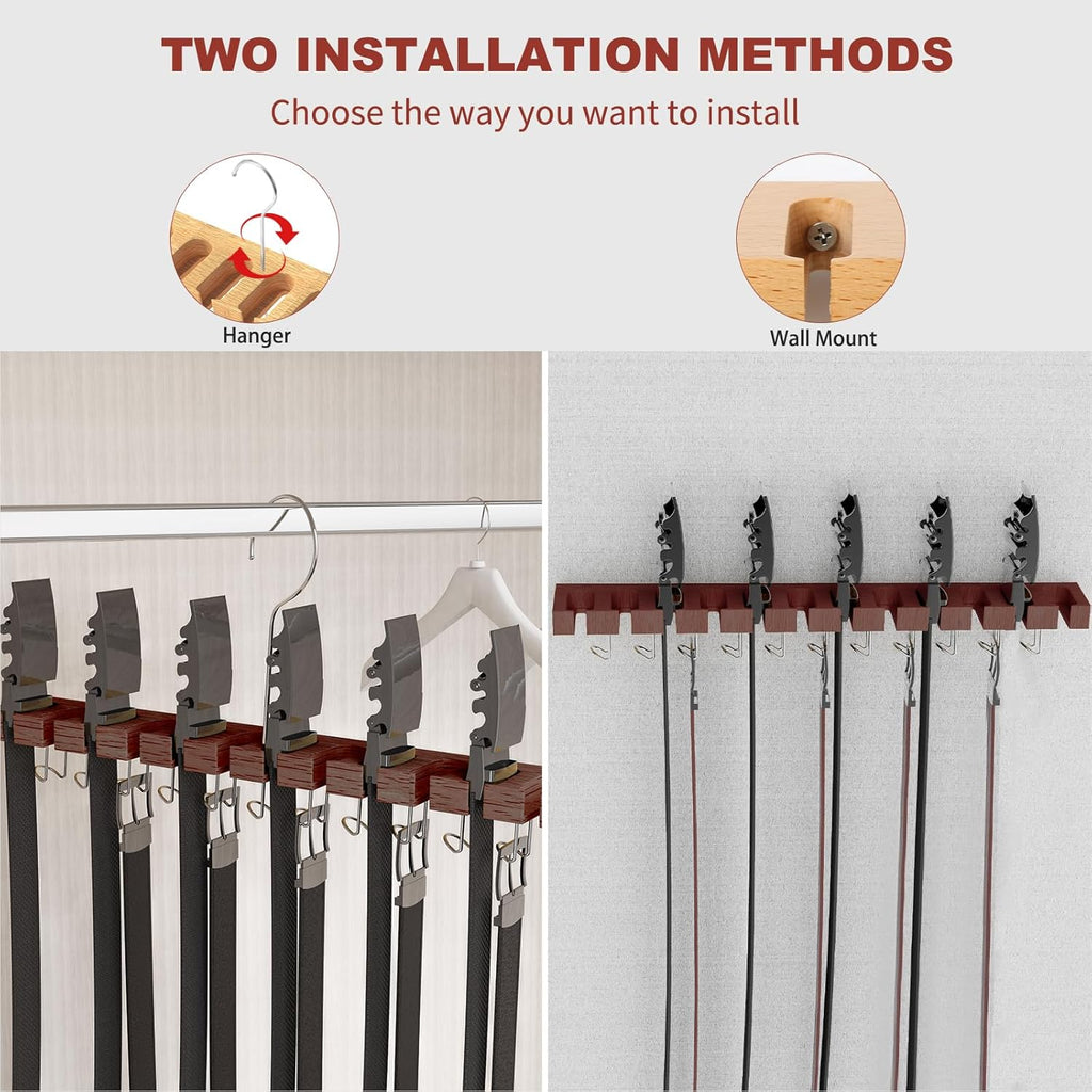 Belt Hanger for Closet Max 42 Belts, 2-in-1 Wall Mount Belt Organizer with 360° Rotating Hooks, Wooden Tie and Belt Rack for Closet Accessories Organizers and Storage, Walnut Wood