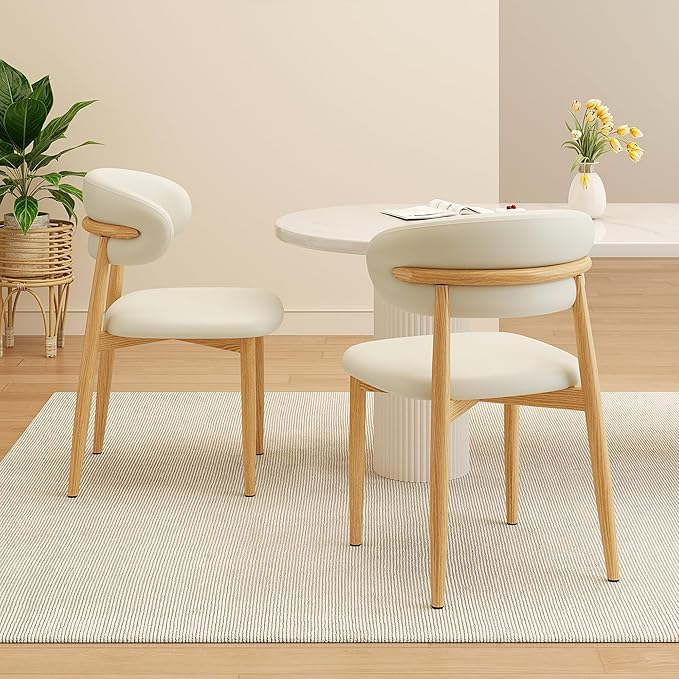 Dining Chairs Set of 2 for Kitchen Dining Table Mid Century Modern Farmhouse Upholstered Leather Dining Room Chairs with Metal Legs, Original Beige