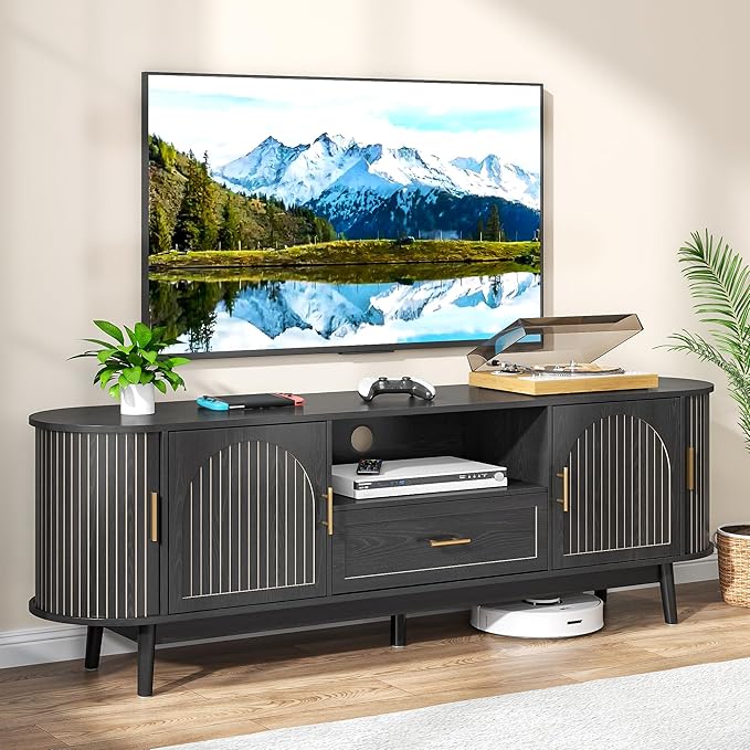 63" Fluted TV Stand for Tvs up to 70", Mid-Century Modern Entertainment Center with Drawers and Fluted Doors, Curved TV Media Console Table with Sliding Doors for Living Room, Bedroom (63" Black)