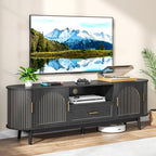 63" Fluted TV Stand for Tvs up to 70", Mid-Century Modern Entertainment Center with Drawers and Fluted Doors, Curved TV Media Console Table with Sliding Doors for Living Room, Bedroom (63" Black)