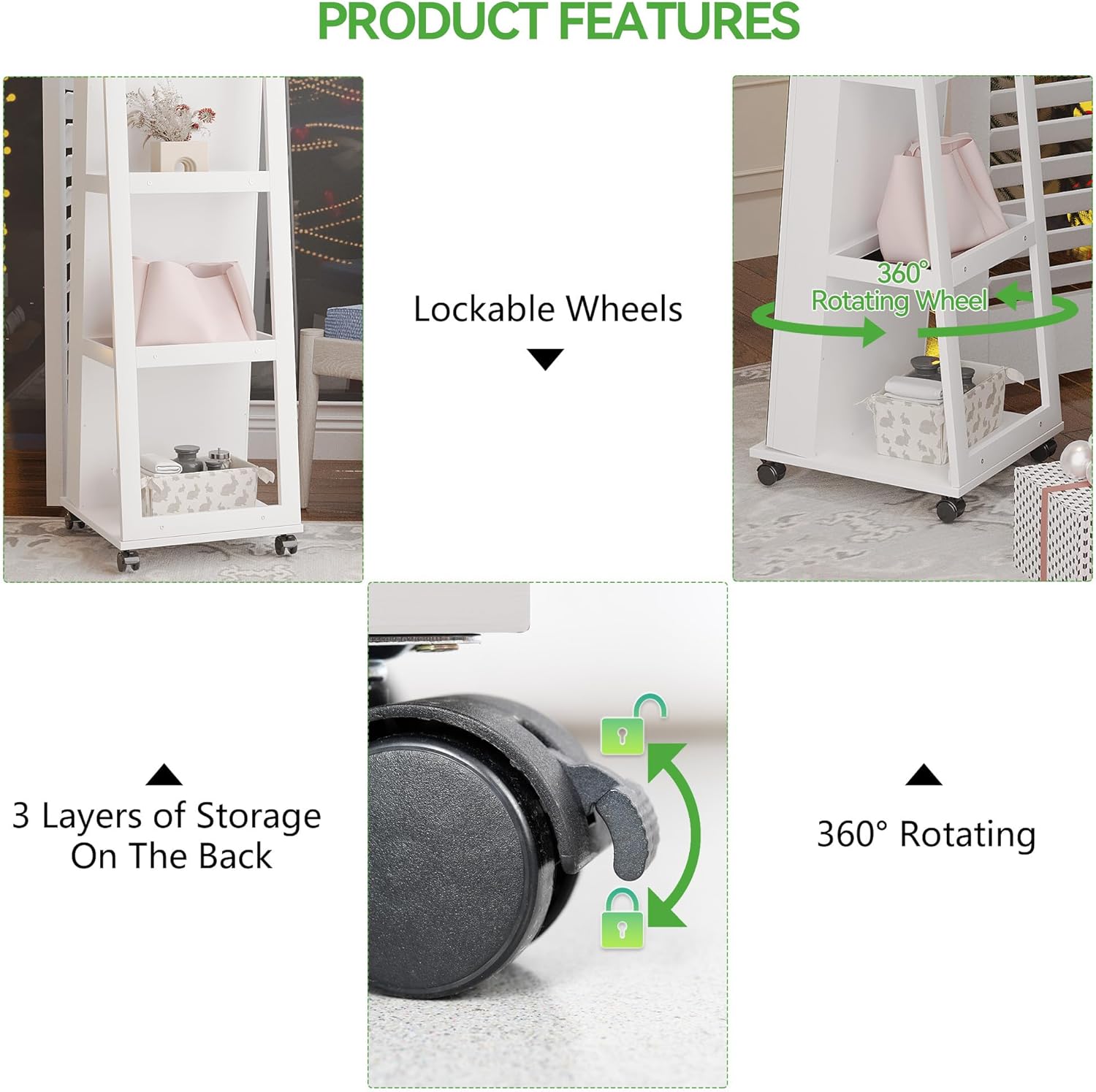 HNEBC 360° Swivel Mirrored Jewelry Armoire with 6 LEDS, Full Length Mirror with Jewelry Storage, Lockable Floor Standing Mirror with 4 Lockable Wheels for Cloakroom, Bedroom(White)