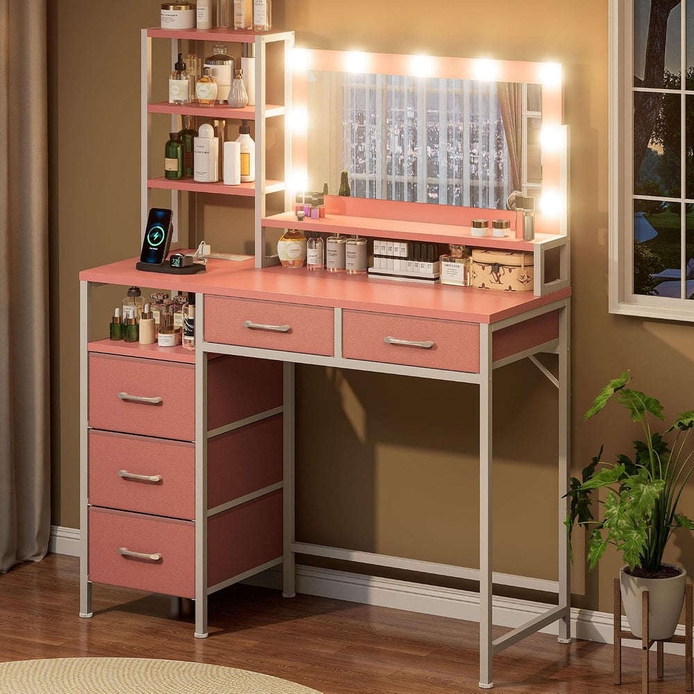 Vanity Desk with Mirror, 9 Lights, 3 Color Modes with Adjustable Brightness, ...