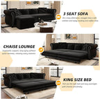 KEIKI 3-in-1 Velvet Chesterfield Sofa Bed with Ottoman, Convertible King Size Sleeper Couch, Rolled Arm Design, Comfortable 3-Seater for Living Room or Bedroom, Black