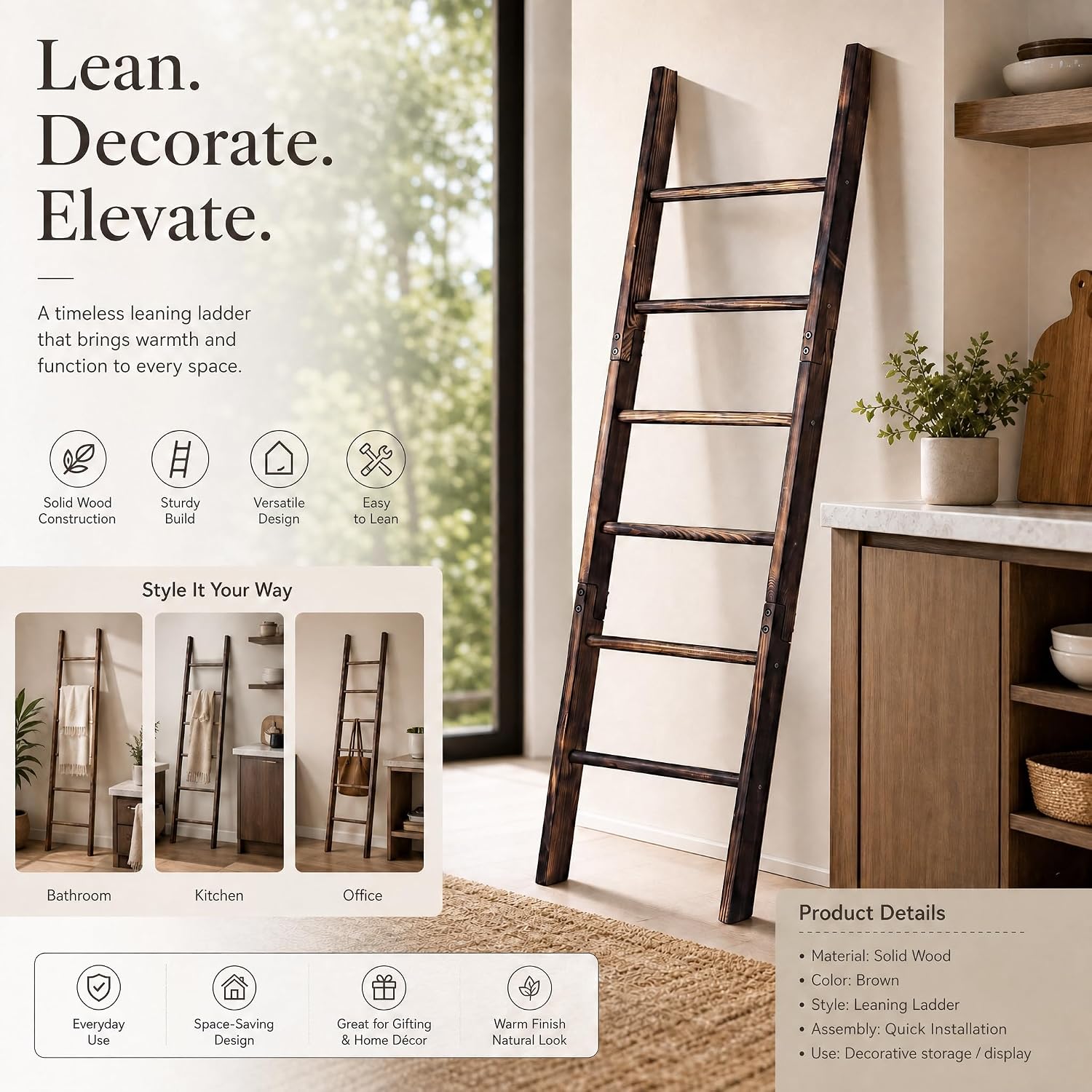Carbonized Farmhouse Blanket Ladder, 6-Tier Rustic Wooden Rack | Reinforced Construction,3lbs Per Tier,Holds Clothes Scarves Belts,Christmas Decor Friendly,Fits All Home Styles,Easy to Clean