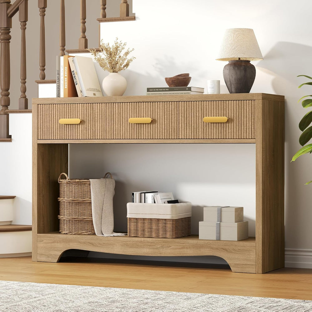 Fluted Console Table with Drawers, 47" Narrow Entryway Table with 3 Draw...