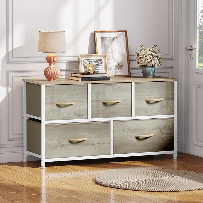 DWVO Wide Chest of Drawers, Dresser with 5 Drawers, Oak Grain Fabric Storage Tower, Dresser for Bedroom with 5 Drawers, Living Room, Closets - Sturdy Steel Frame, Wooden Top