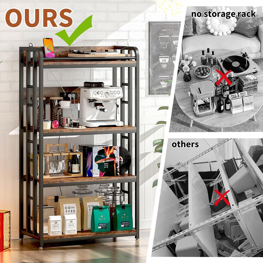 METYERRY Adjustable 4-Tier Heavy Duty Kitchen Baker's Rack with Power Outlet, with Industrial Wheels, Free Standing Microwave Oven Cart Stand for Storage in Living Room, Garage, Rustic Brown