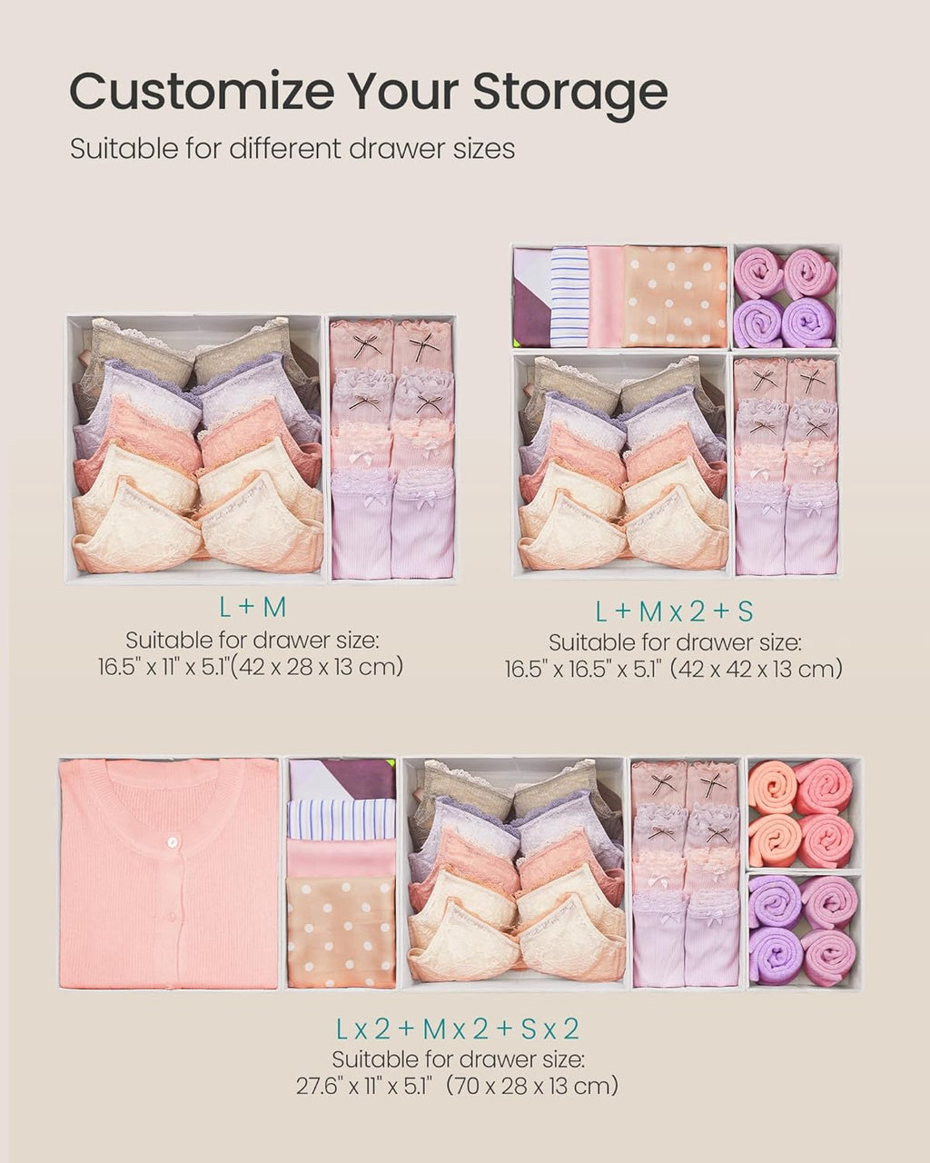 SONGMICS Drawer Organizers, Dresser Divider Organizers, Set of 18, Foldable Fabric Storage Boxes for Socks, Underwear, Bras, Ties, Scarves, Cloud White URDZ006W03