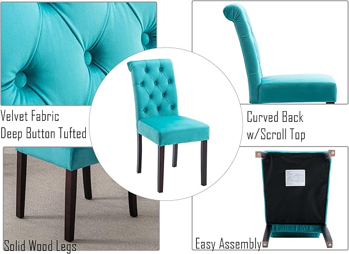 Velvet Dining Chairs Set of 4 Upholstered Dining Room Chairs Modern Tufted Accent Chairs Wooden Parsons Side Chairs for Home Kitchen Restaurant, Cyan