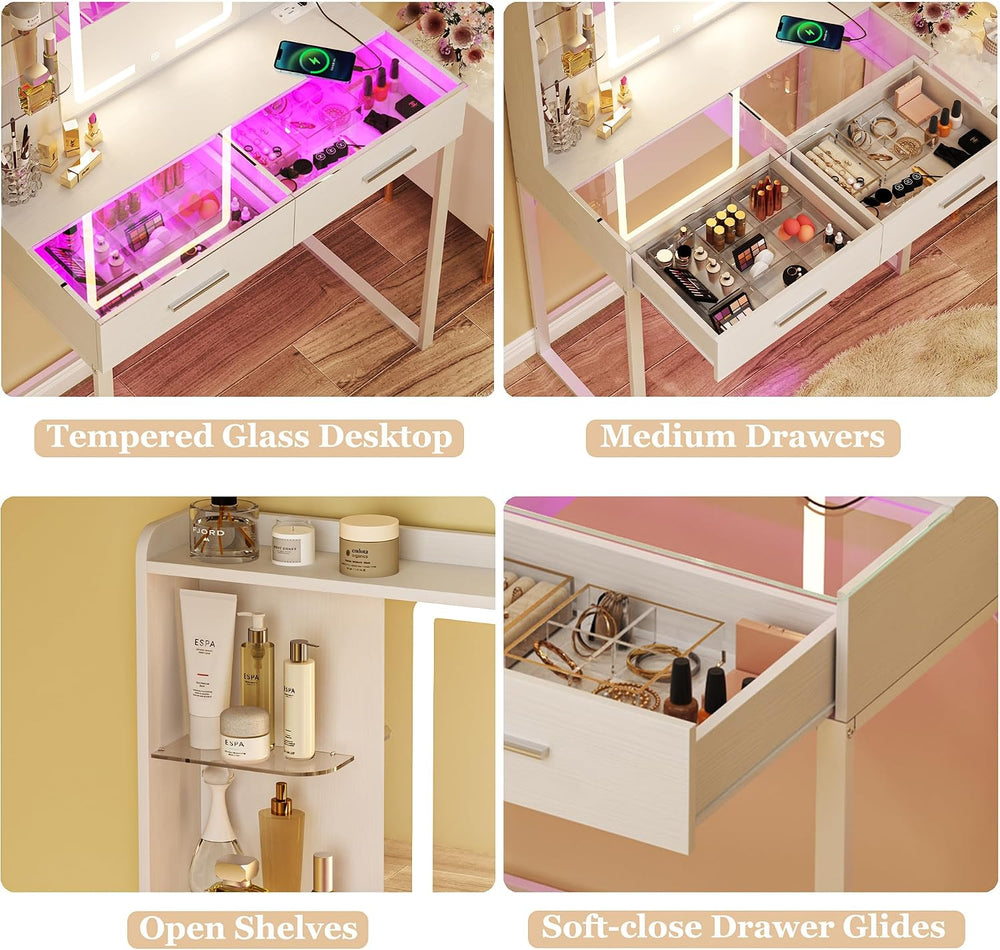 HUAHUU Vanity Desk with Mirror and LED Lights, 31" Small Makeup Vanity w...
