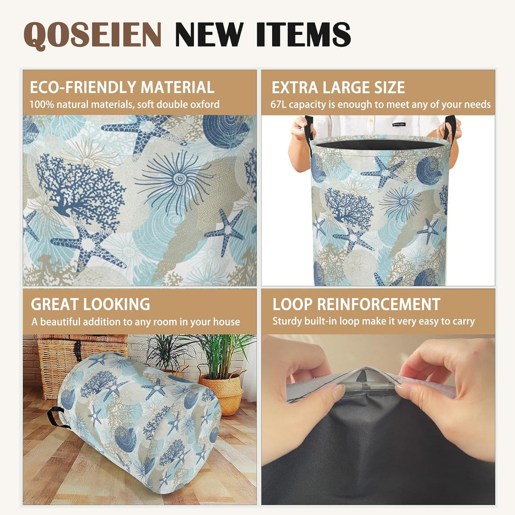 Large Laundry Basket,Corals Seashells Collapsible Laundry Baskets,Cute Algae Waterproof Oxford Hamper with Handles for Bathroom Bedroom Nursery Home Storage 16"x20"