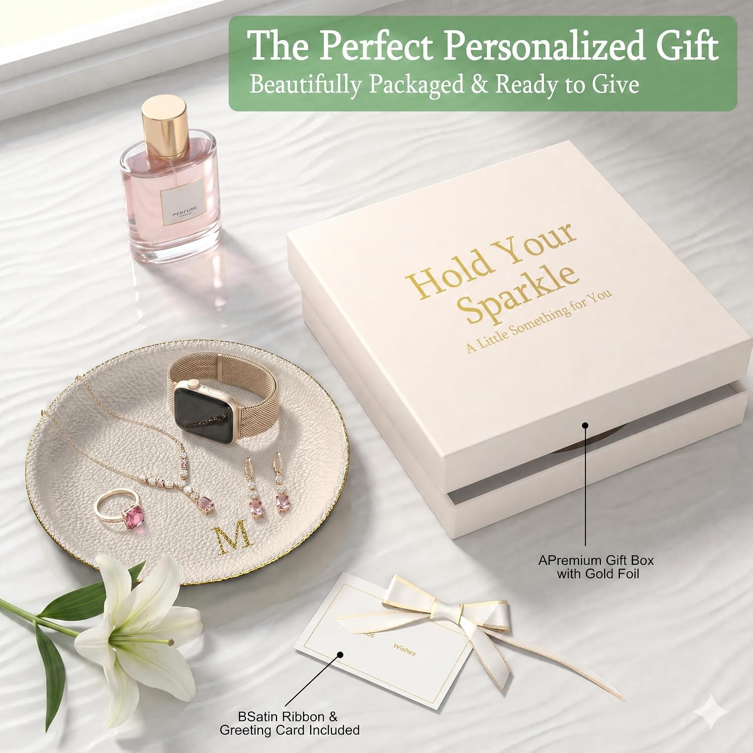Initial Jewelry Dish for Women, Shatterproof Vegan Leather Ring Holder with Stainless Steel Core, Personalized Monogram Trinket Tray, Birthday Bridesmaid Gift with Box (Cream Letter M)