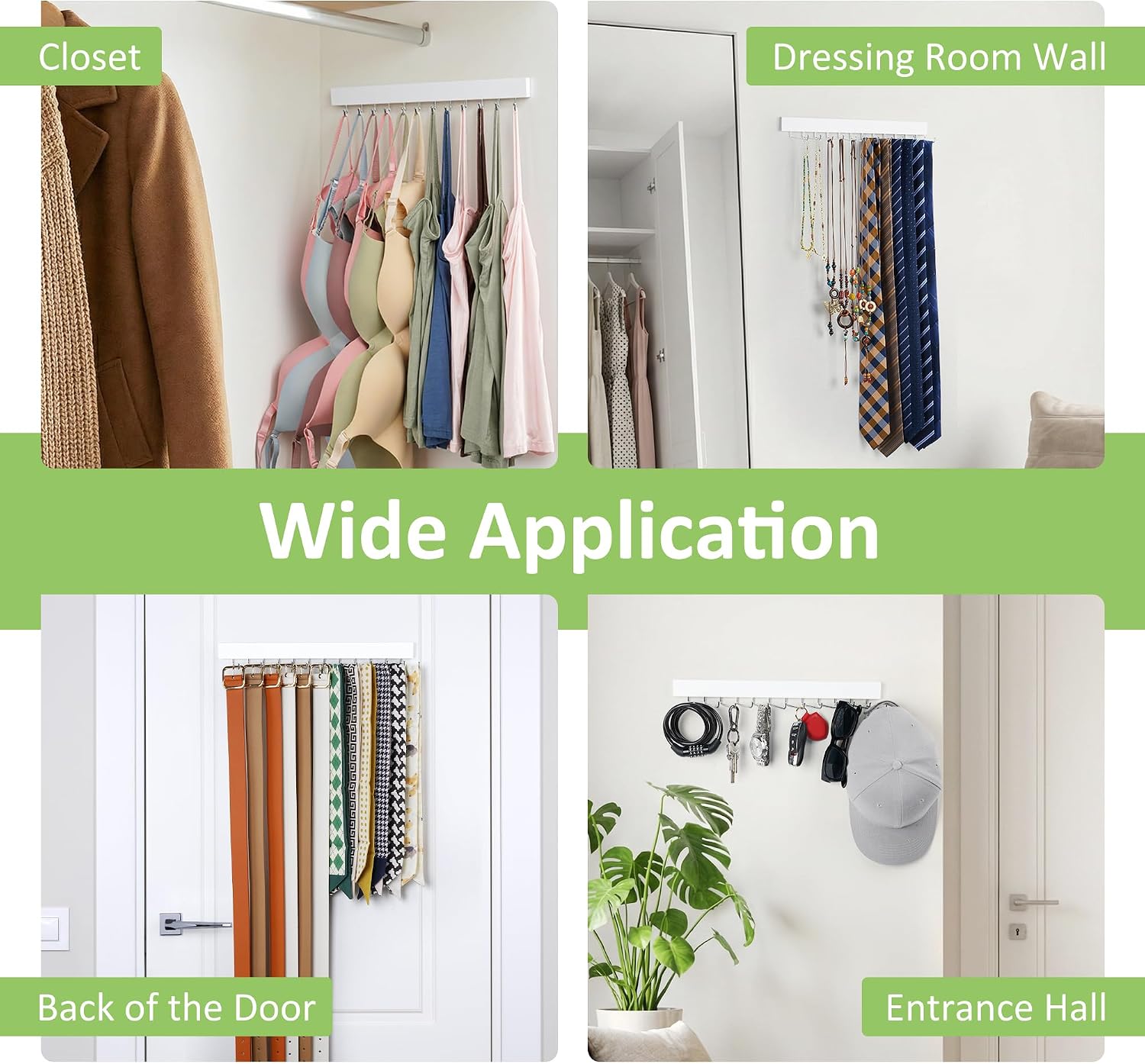 2 Pack Tie Hanger Wall Mounted, Wooden Tie Rack Belt Hanger with 24 Non Slip 180° Rotating Hooks, Belt Organizer Space Saving Tie Hanger for Closet, Tie Holder & Tie Organizer, White
