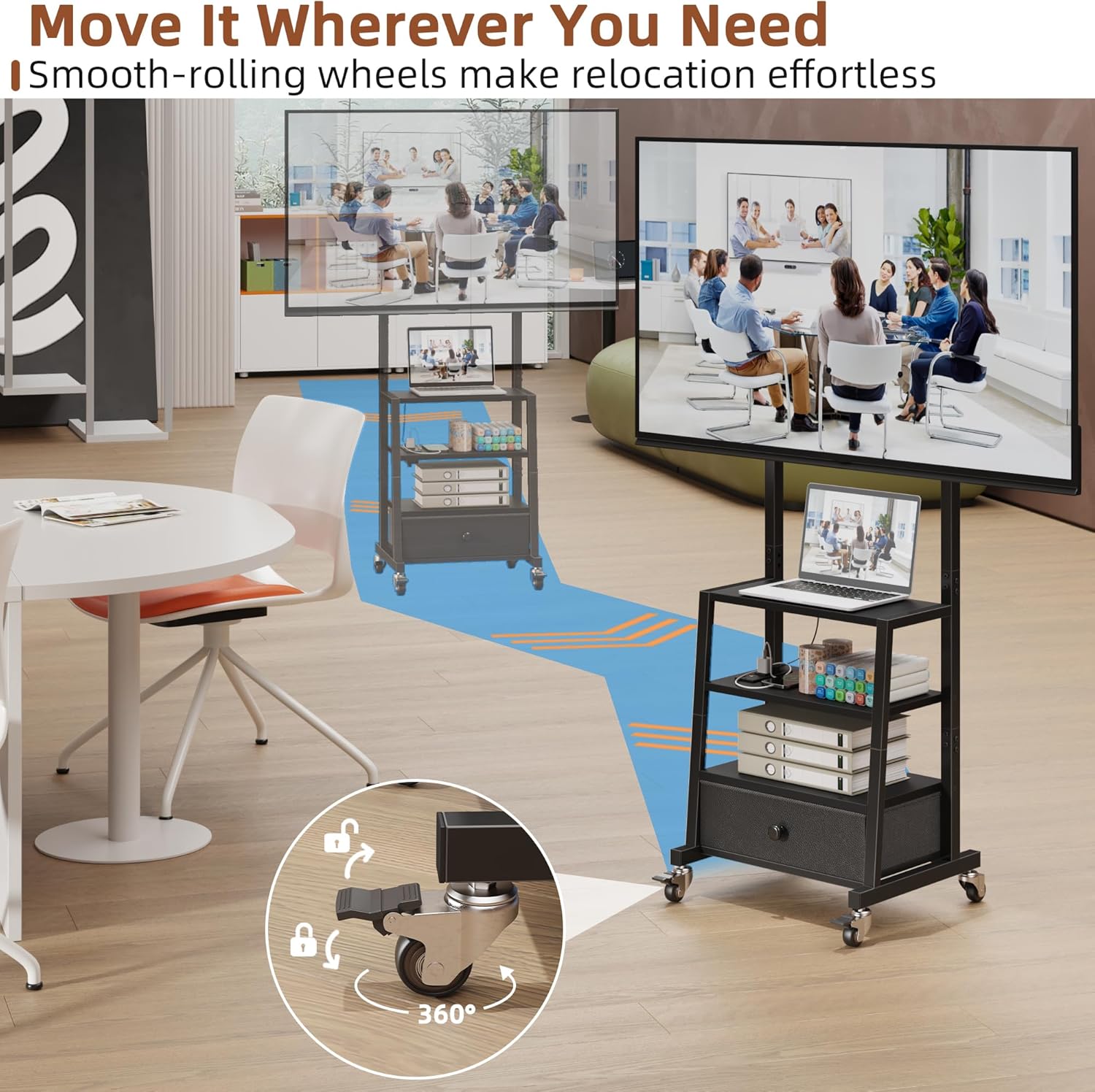 AFLUI Rolling TV Stand with Wheels and Mount & Fabric Drawer - Entertainment Center with Power Outlet and Small TV Stand for Bedroom, Living Room - 15" Black