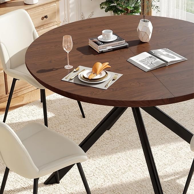 47.2" 5-Piece Round Dining Table Set for 4, Modern Wood Dining Table with 4 Upholstered Chairs, Kitchen & Dining Room Table Set with Metal Base for Apartment, Small Space, Walnut Table+4 Beige Chairs